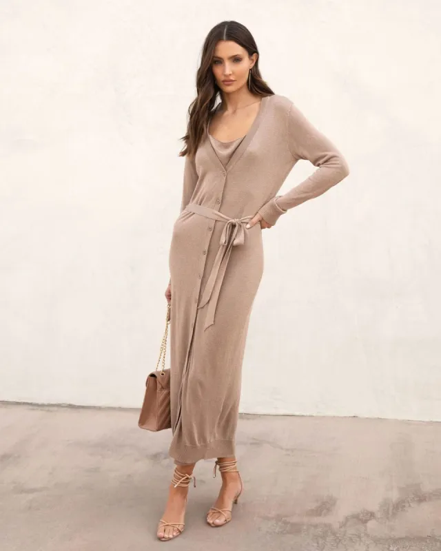 Cleo Button Front Waist Tie Midi Dress - Taupe - FINAL SALE made by Vici
