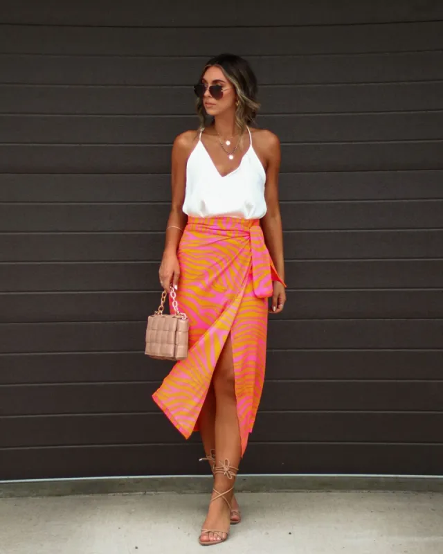Beach Bound Side Tie Wrap Midi Skirt - Orange - SALE sold by Vici