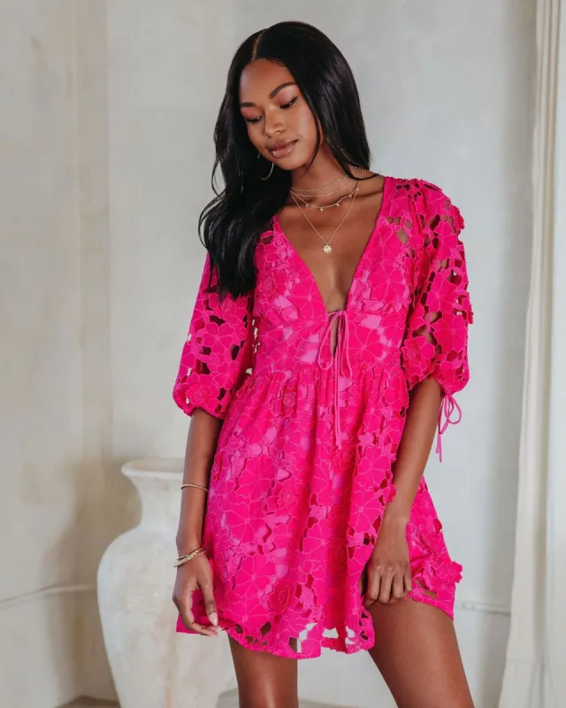 Paulette Floral Crochet Lace Mini Dress - Hot Pink - SALE sold by Vici