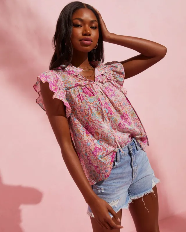 In Bloom Flutter Sleeve Tie Neck Top sold by Vici