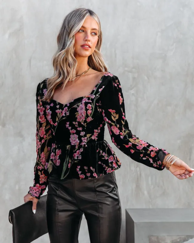 Rosalia Velvet Floral Peplum Top sold by Vici