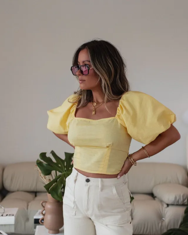 Rylee Cotton Linen Blend Puff Sleeve Top - Yellow - FINAL SALE sold by Vici
