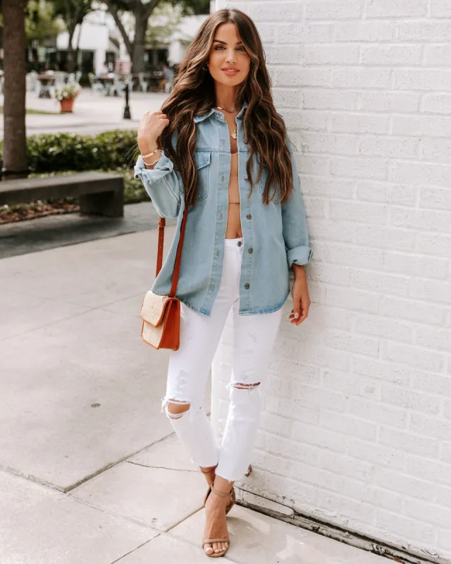 Lassie Button Down Denim Shacket - Light Wash - FINAL SALE sold by Vici
