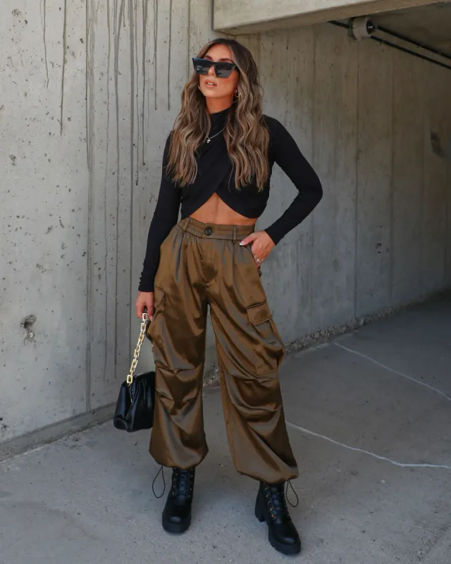 Hustle For It Satin Cargo Parachute Pants - Army Green sold by Vici