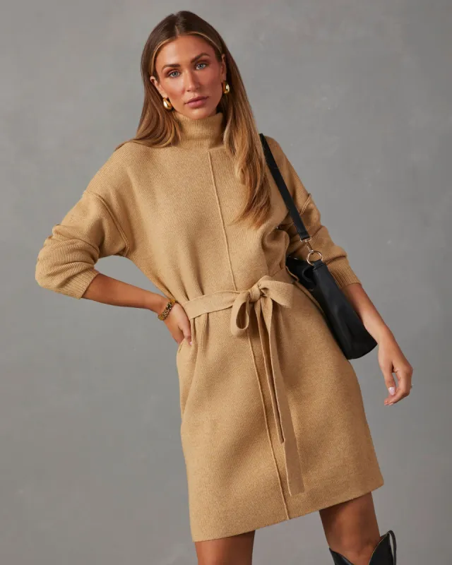 Marsella Tie Waist Mini Sweater Dress - Beige sold by Vici