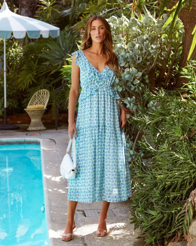 Iris Floral Ruffle Midi Dress - Blue - FINAL SALE sold by Vici