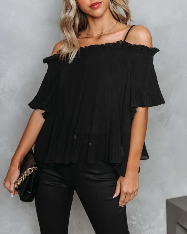 Midnight Sun Chiffon Plisse Cold Shoulder Top - Black - FINAL SALE sold by Vici