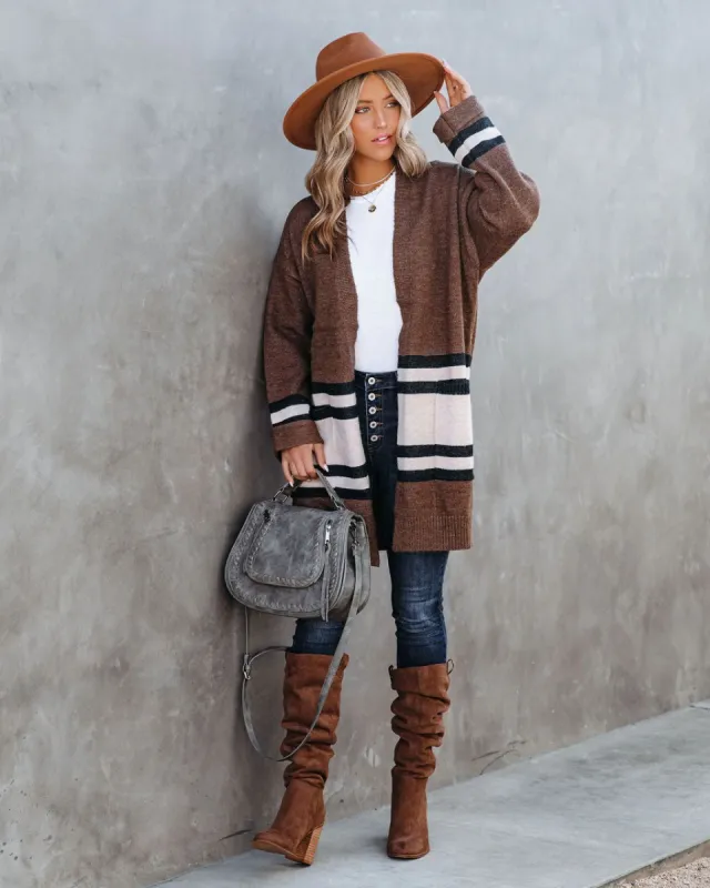 Precious Moments Striped Pocketed Cardigan - Coffee - FINAL SALE sold by Vici