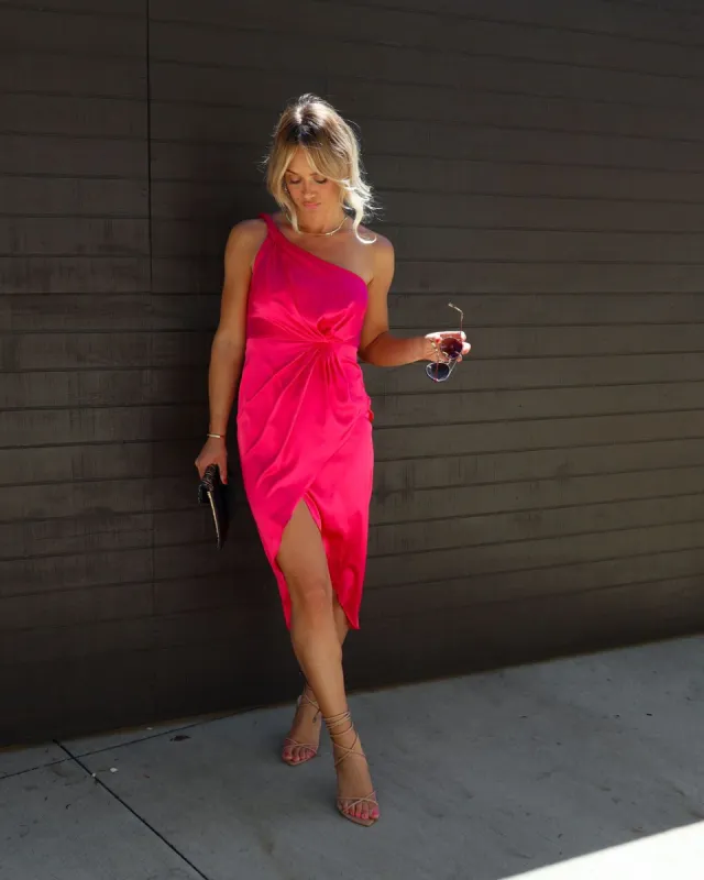 Dyanna Satin One Shoulder Drape Midi Dress - Hot Pink - FINAL SALE sold by Vici