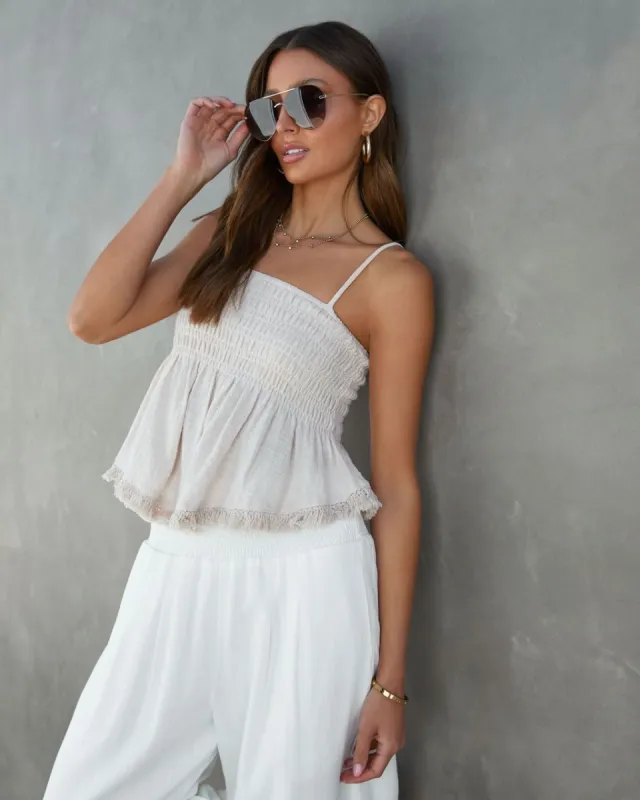 Haley Cotton Smocked Frayed Hem Babydoll Top - Beige - FINAL SALE sold by Vici