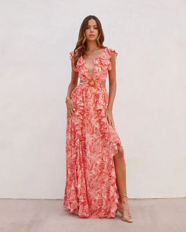 Daniella Paisley Ruffle Cutout Maxi Dress sold by Vici