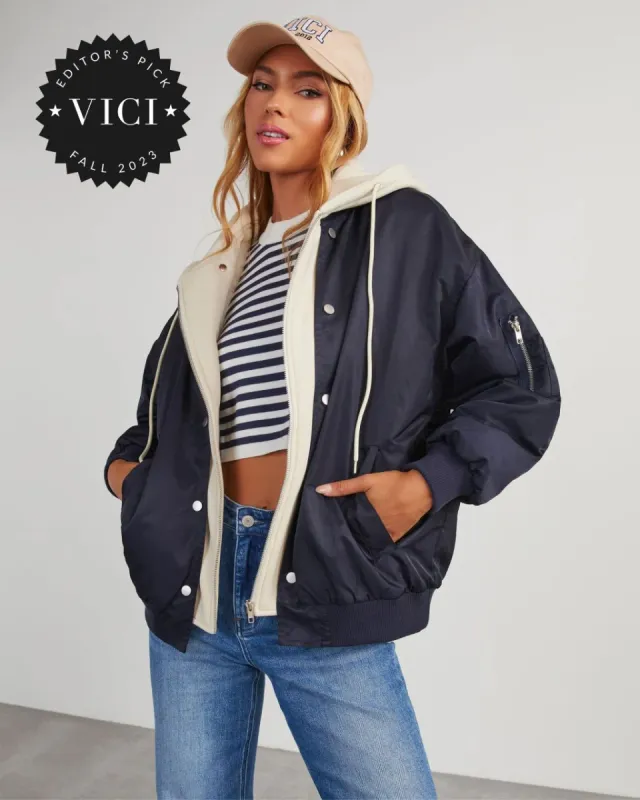 Campus Oversized Hooded Bomber Jacket - Navy/Cream sold by Vici