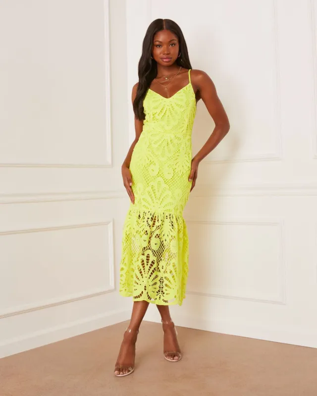 Kenzey Floral Lace Midi Dress - Neon Yellow - SALE sold by Vici