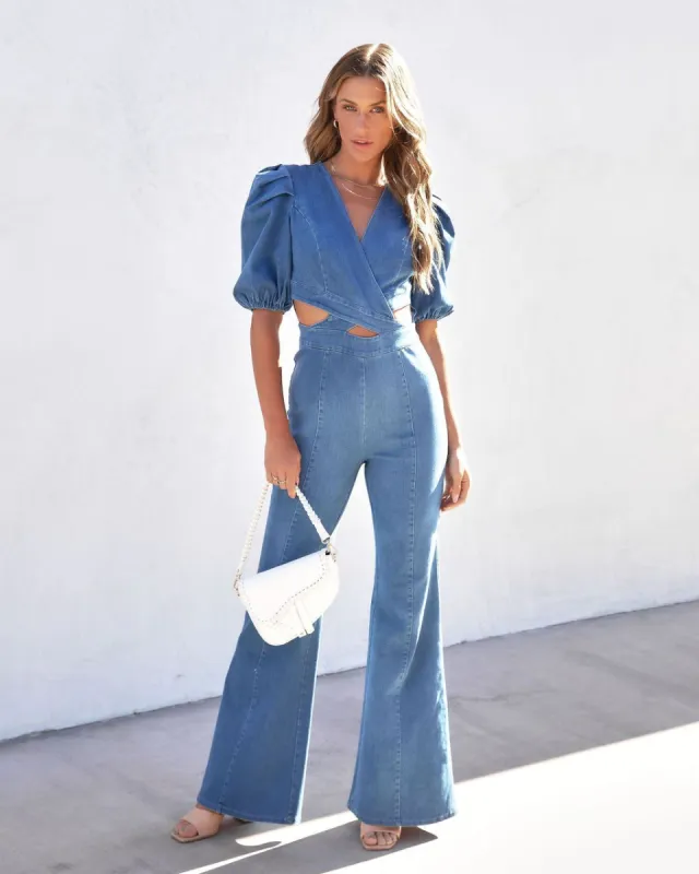 Sarah Denim Puff Sleeve Flare Jumpsuit - Blue - FINAL SALE sold by Vici