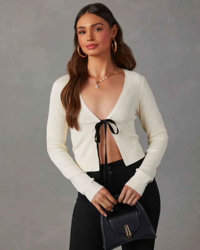 Fabiola Tie Front Ribbed Knit Top - Off White - SALE sold by Vici