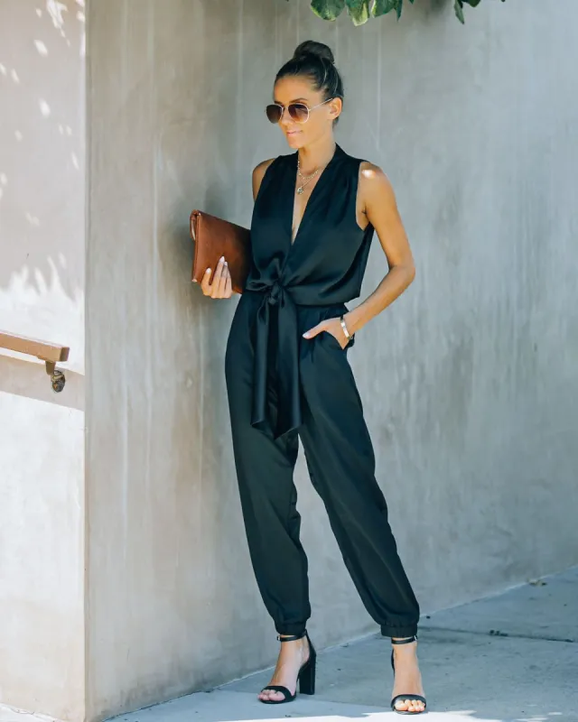 Upstage Pocketed Tie Front Satin Jumpsuit - FINAL SALE sold by Vici