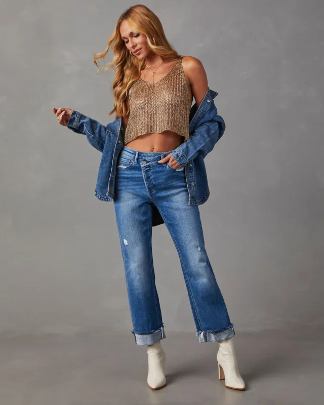 Lucy Stretch High Rise Cross Over Jeans sold by Vici