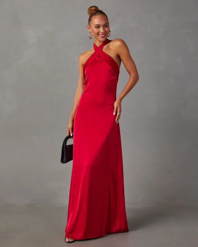 Heartfelt Satin Halter Neck Maxi Dress - Red sold by Vici