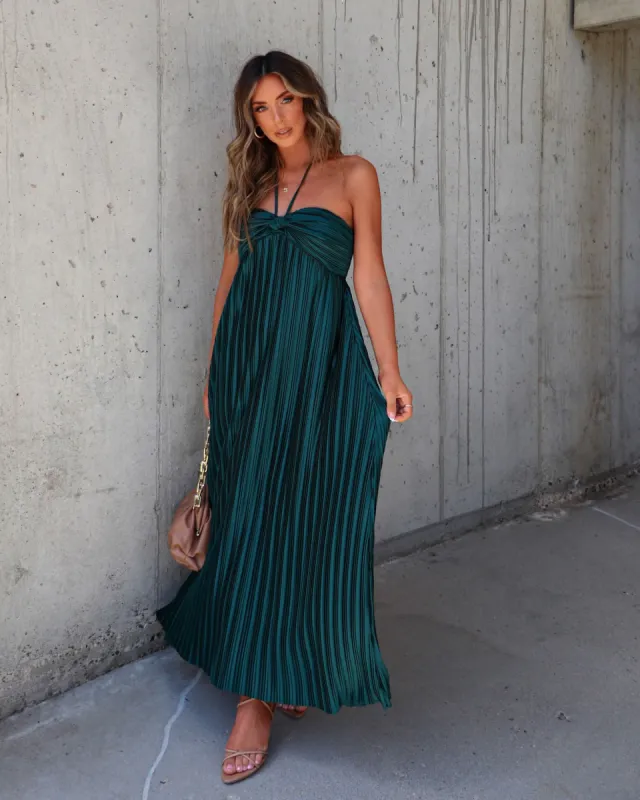 Raise A Toast Satin Plisse Halter Maxi Dress - Emerald sold by Vici