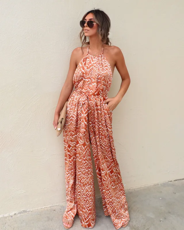 Swinton Printed Satin Halter Jumpsuit - Orange/White sold by Vici