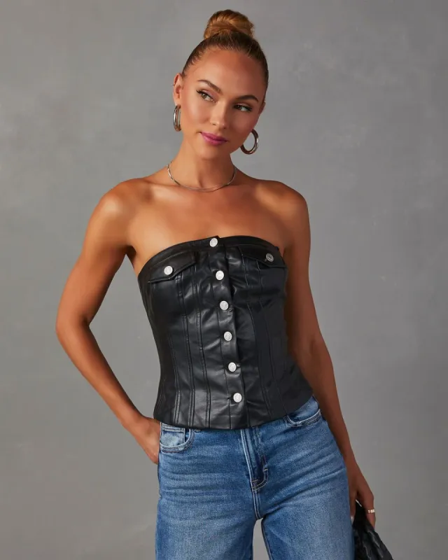 Suzie Faux Leather Button Front Bustier Top - Black sold by Vici