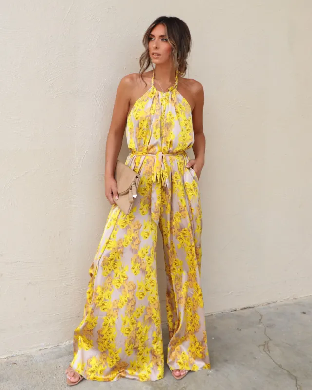 Holtz Satin Printed Halter Jumpsuit - Golden Yellow made by Vici