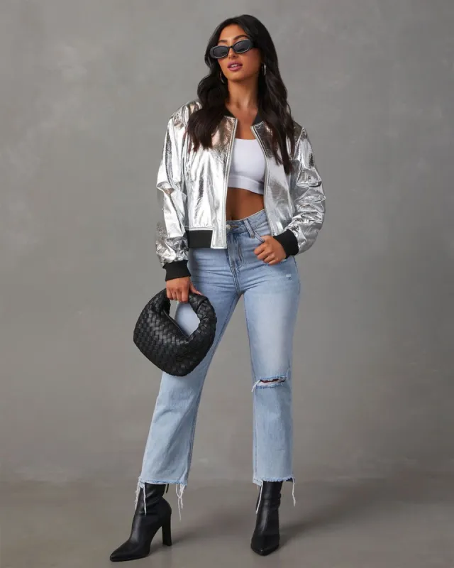 Worlds Collide Metallic Bomber Jacket - Silver sold by Vici