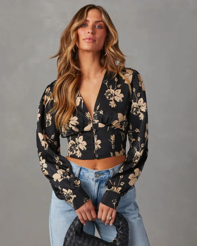 Got The Look Satin Floral Long Sleeve Top - Black sold by Vici