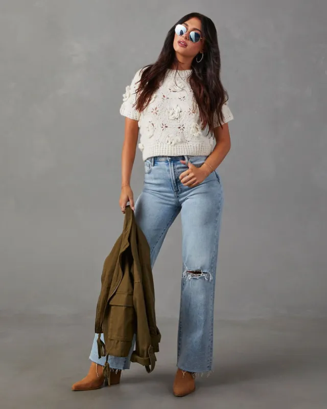 Rosette Short Sleeve Knit Sweater - Ivory sold by Vici