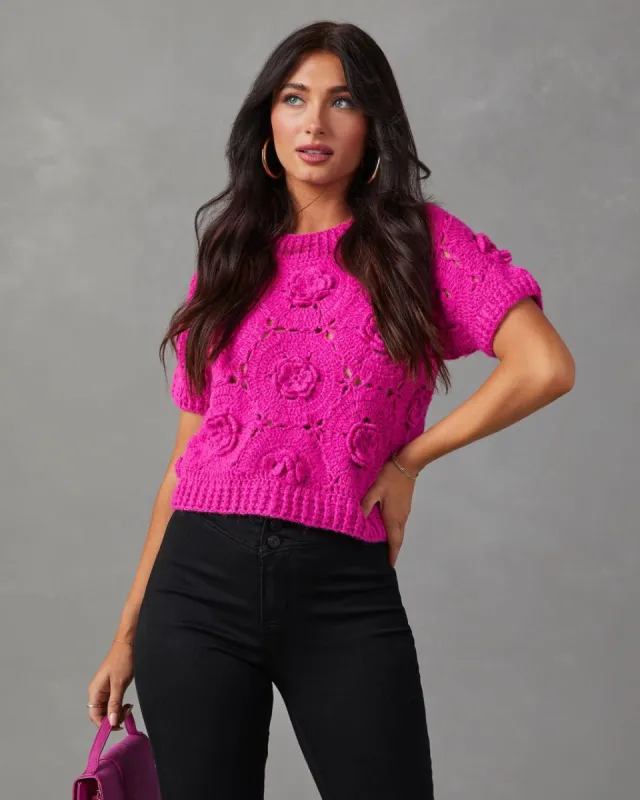 Rosette Short Sleeve Knit Sweater - Hot Pink sold by Vici