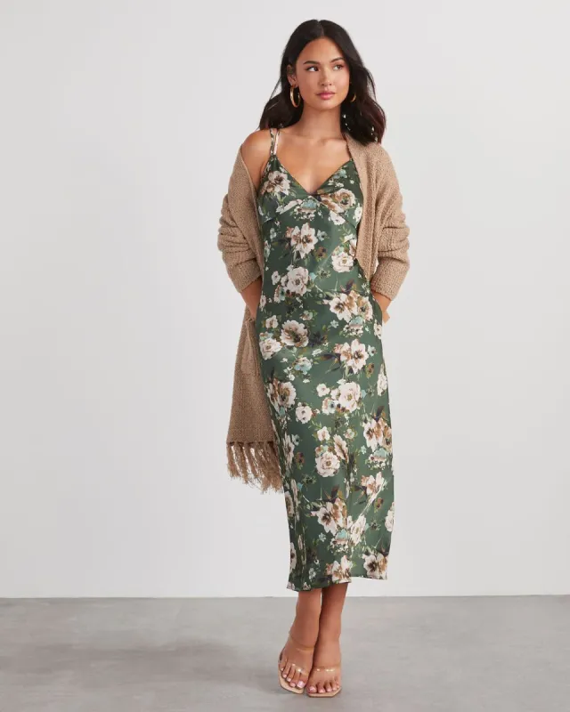 Sweet Sunflower Satin Floral Midi Dress - Hunter Green sold by Vici