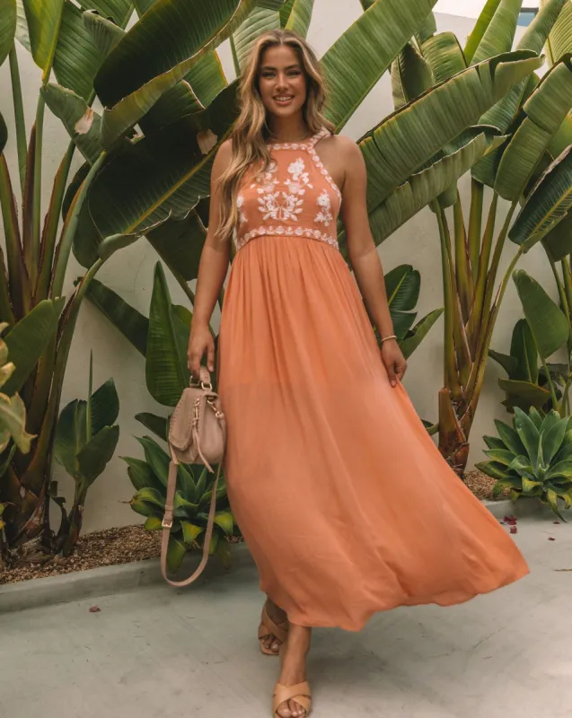 Club Tropicana Embroidered Maxi Dress - Salmon - LAST CHANCE made by Vici