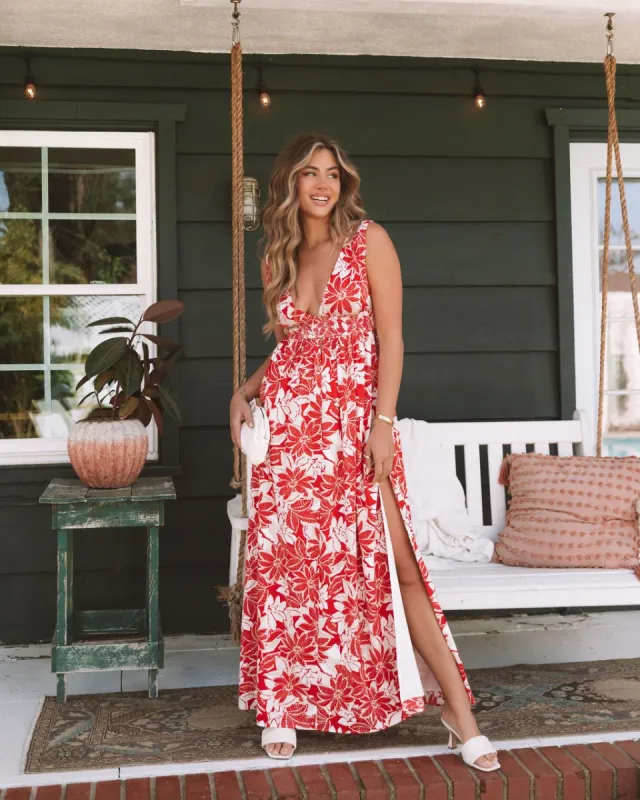 Island Girl Floral Smocked Side Slit Maxi Dress - Red/Cream - FINAL SALE sold by Vici