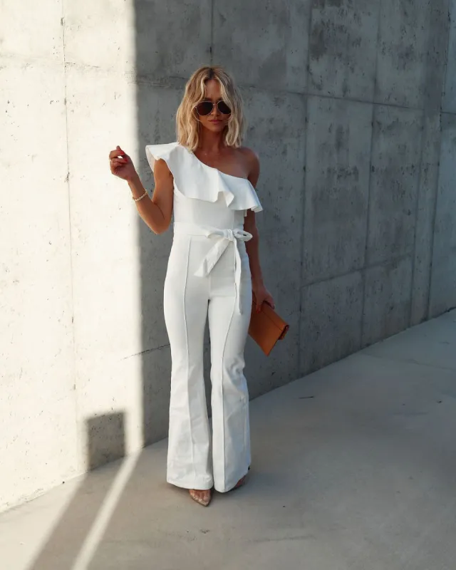 Cameran Cotton One Shoulder Flare Jumpsuit - White - FINAL SALE made by Vici