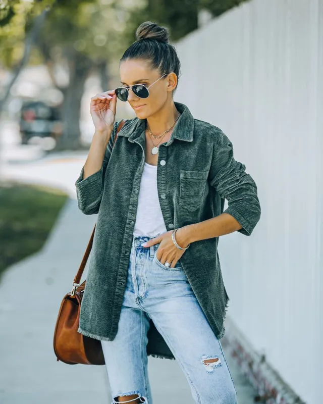 Tristan Frayed Cotton Corduroy Shacket - Olive - FINAL SALE sold by Vici