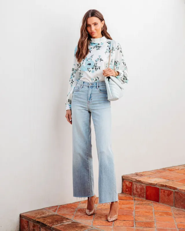 Spring Skies Satin Floral Mock Neck Top - Blue/Ivory - FINAL SALE sold by Vici