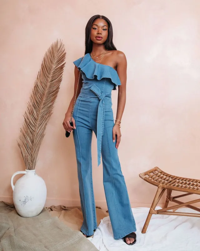 Cameran Cotton One Shoulder Flare Jumpsuit - Denim - FINAL SALE made by Vici