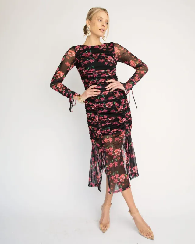 Soul Sister Ruched Floral Mesh Midi Dress - FINAL SALE sold by Vici