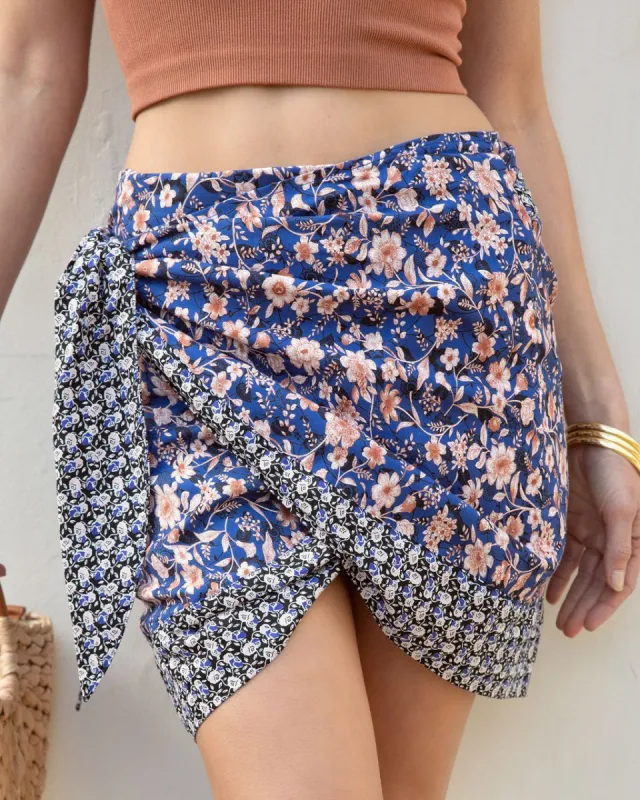 Free To Roam Cotton Floral Wrap Mini Skirt - Navy Multi - FINAL SALE sold by Vici