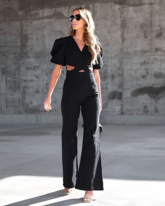 Sarah Denim Puff Sleeve Flare Jumpsuit sold by Vici