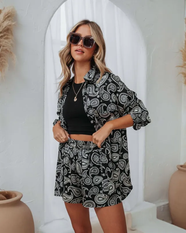 Lake Como Satin Paisley Button Down Top sold by Vici