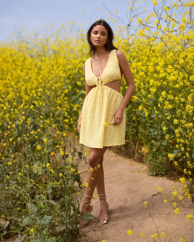 Brighten Up My Day Textured Cutout Mini Dress - Lemon - FINAL SALE sold by Vici