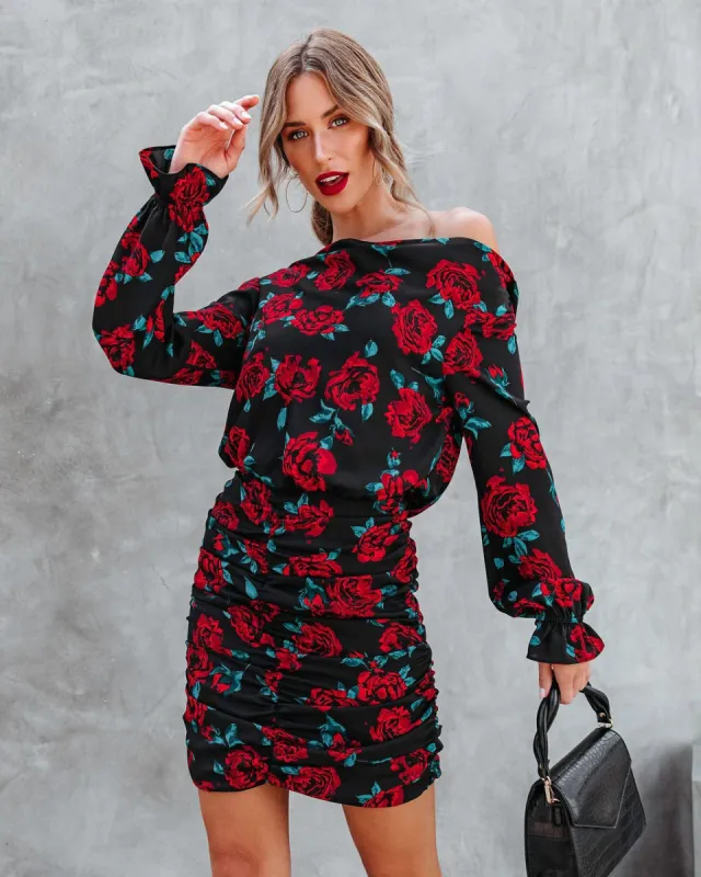 Barcelona Floral Ruched Cowl Neck Mini Dress sold by Vici