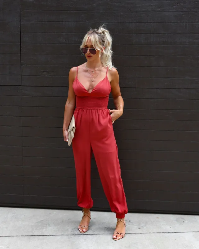 Stay Grounded Smocked Jumpsuit sold by Vici