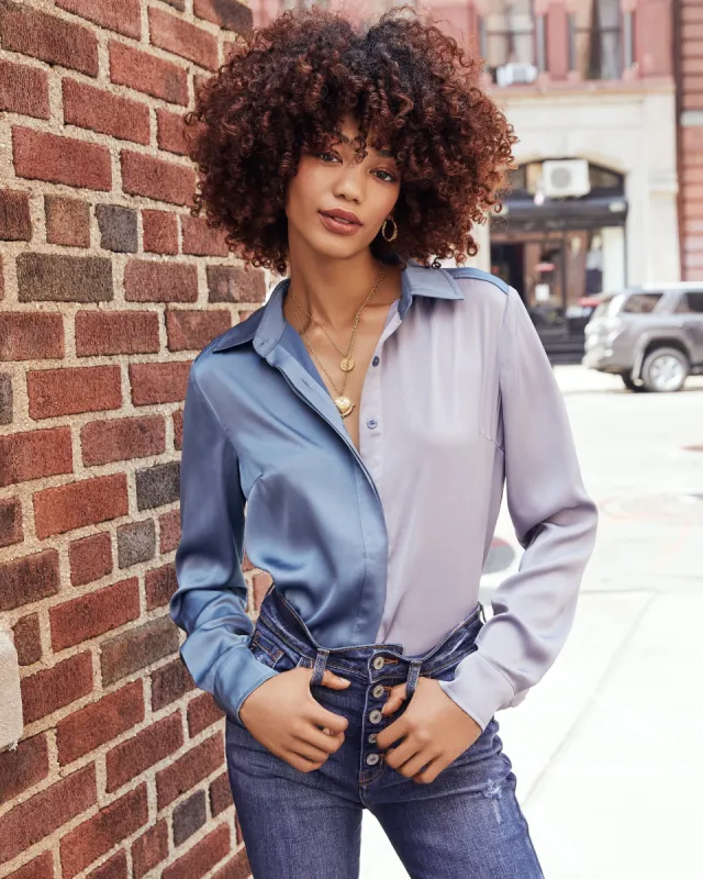 Macy Satin Colorblock Button Down Blouse sold by Vici