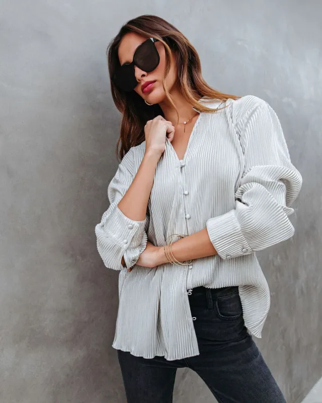 Center Piece Metallic Plisse Button Down Top sold by Vici