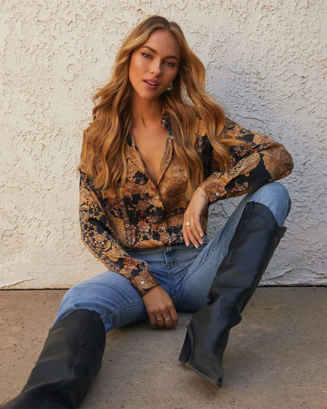 Annabelle Satin Paisley Button Down Top sold by Vici
