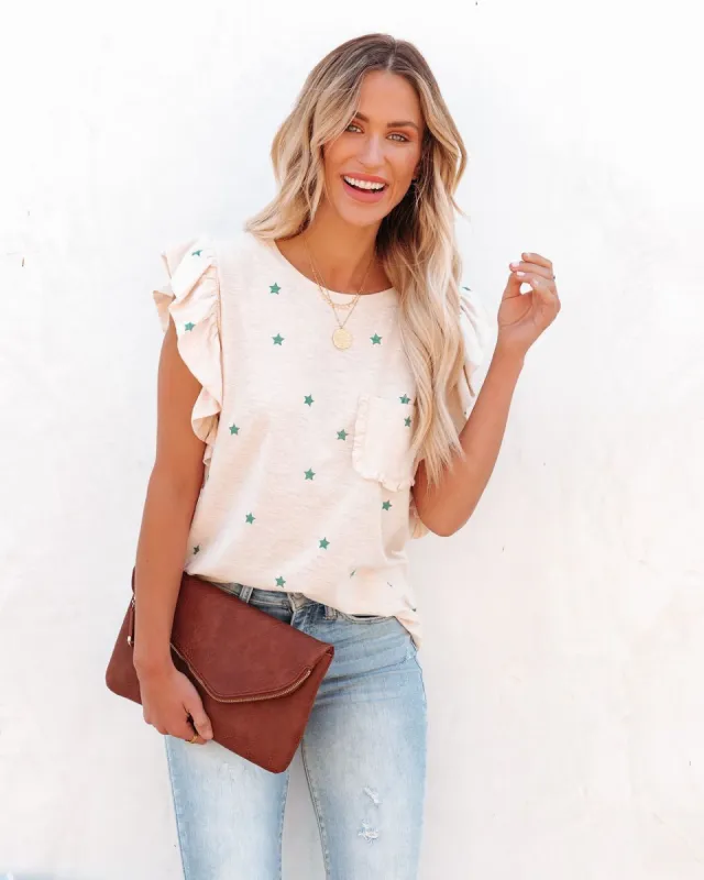 Aileen Cotton Blend Star Print Ruffle Tee - Cream sold by Vici