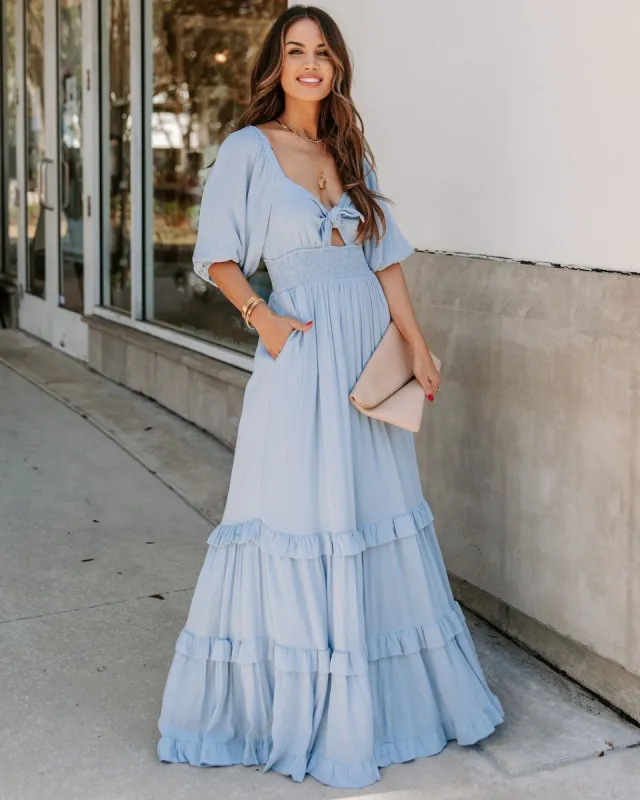 Adeline Pocketed Tie Front Tiered Maxi Dress - Blue - FINAL SALE sold by Vici