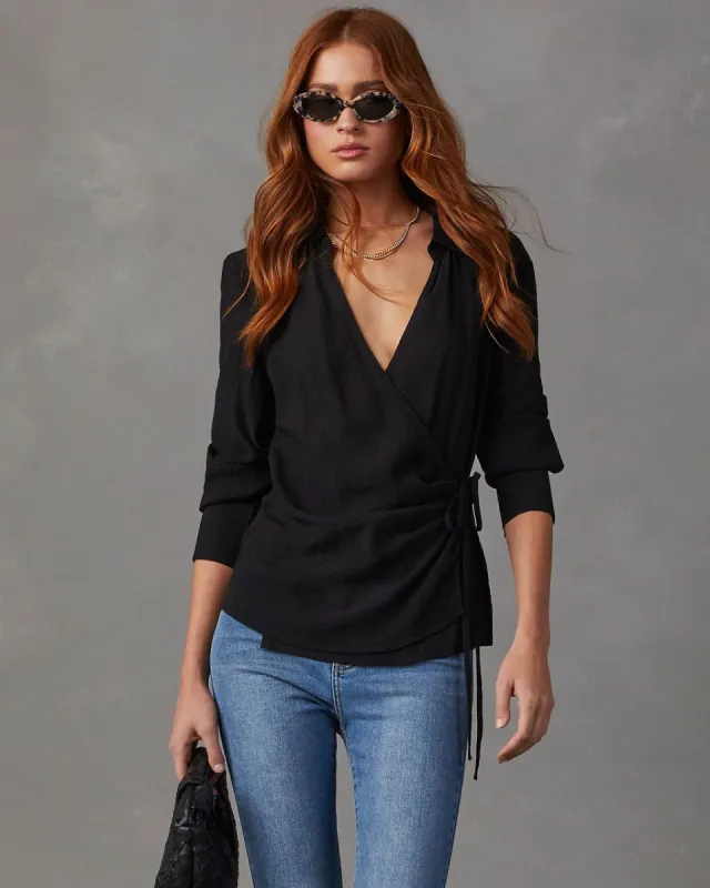 Dakota Collared Long Sleeve Wrap Top sold by Vici
